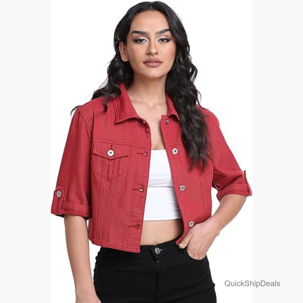 Cropped Denim Jacket Button Down Short Sleeve Cot… - image 1